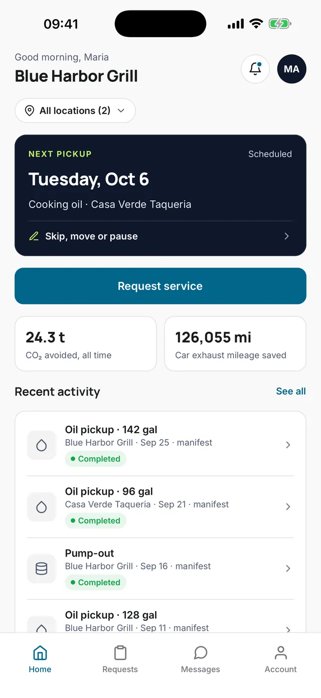 EKGO! app home screen showing the next pickup and recent pickups